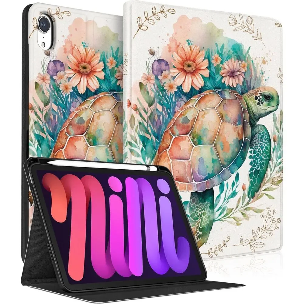 iPad mini 6 & 7 Stand Cover with Pencil Holder (Floral Sea Turtle)